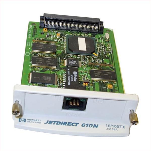 JetDirect 610N internal print server (10Base-T and 100Base-TX) LAN interface board – Plugs into peripheral EIO slot – Has a RJ-45 connector – Comes with software on CD-ROM and manual